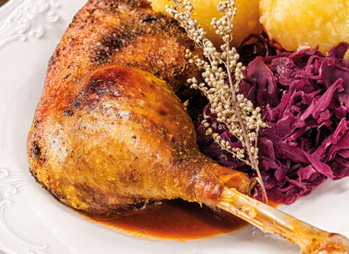 Gansl mit Rotkraut und Knödeln auf weißem Teller serviert.