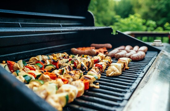 Gemüse- und Fleischspieße sowie Würste auf einem Grill im Freien, umgeben von grüner Natur.